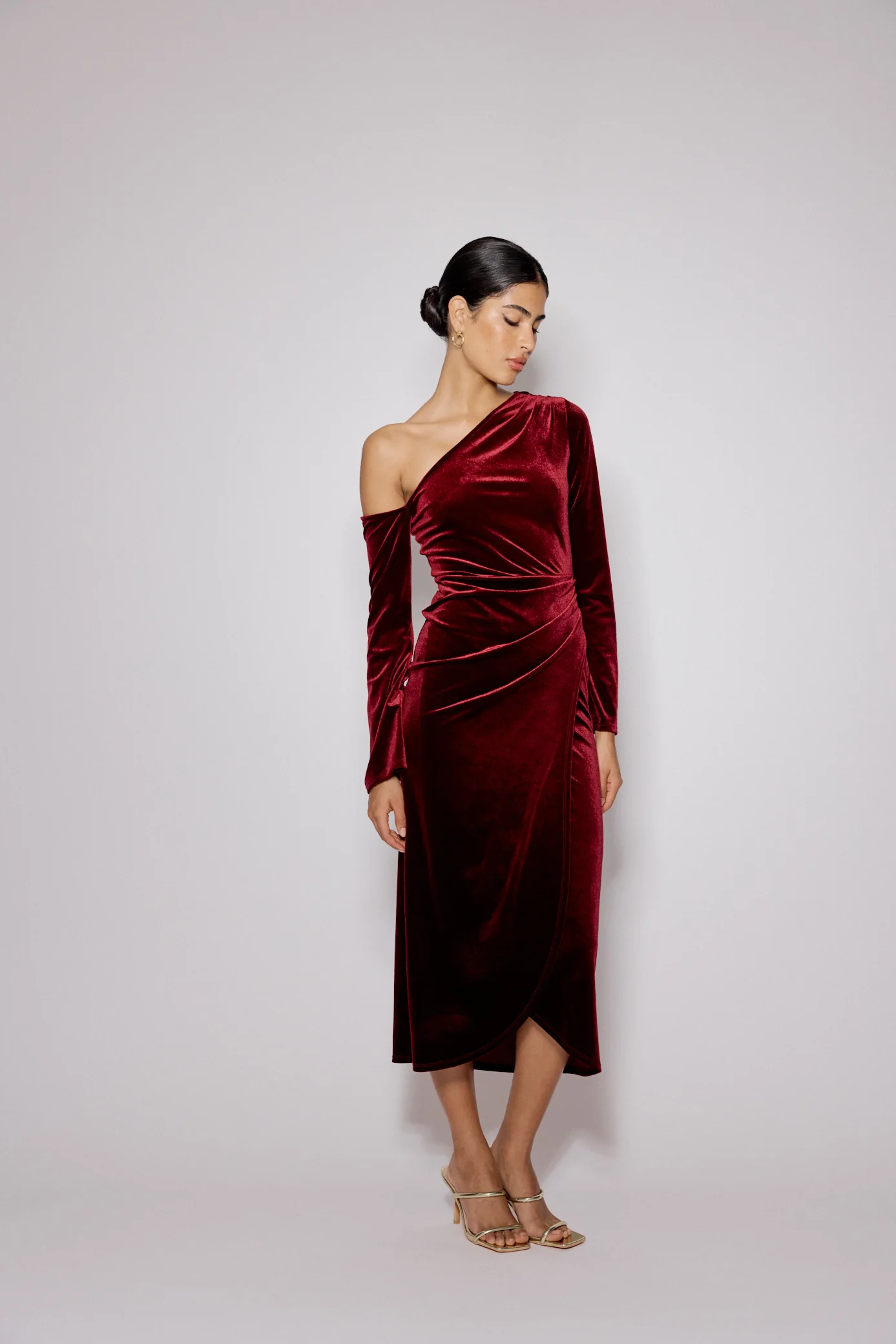 Red Velvet Asymmetric Virgo Midi Dress - Image 4