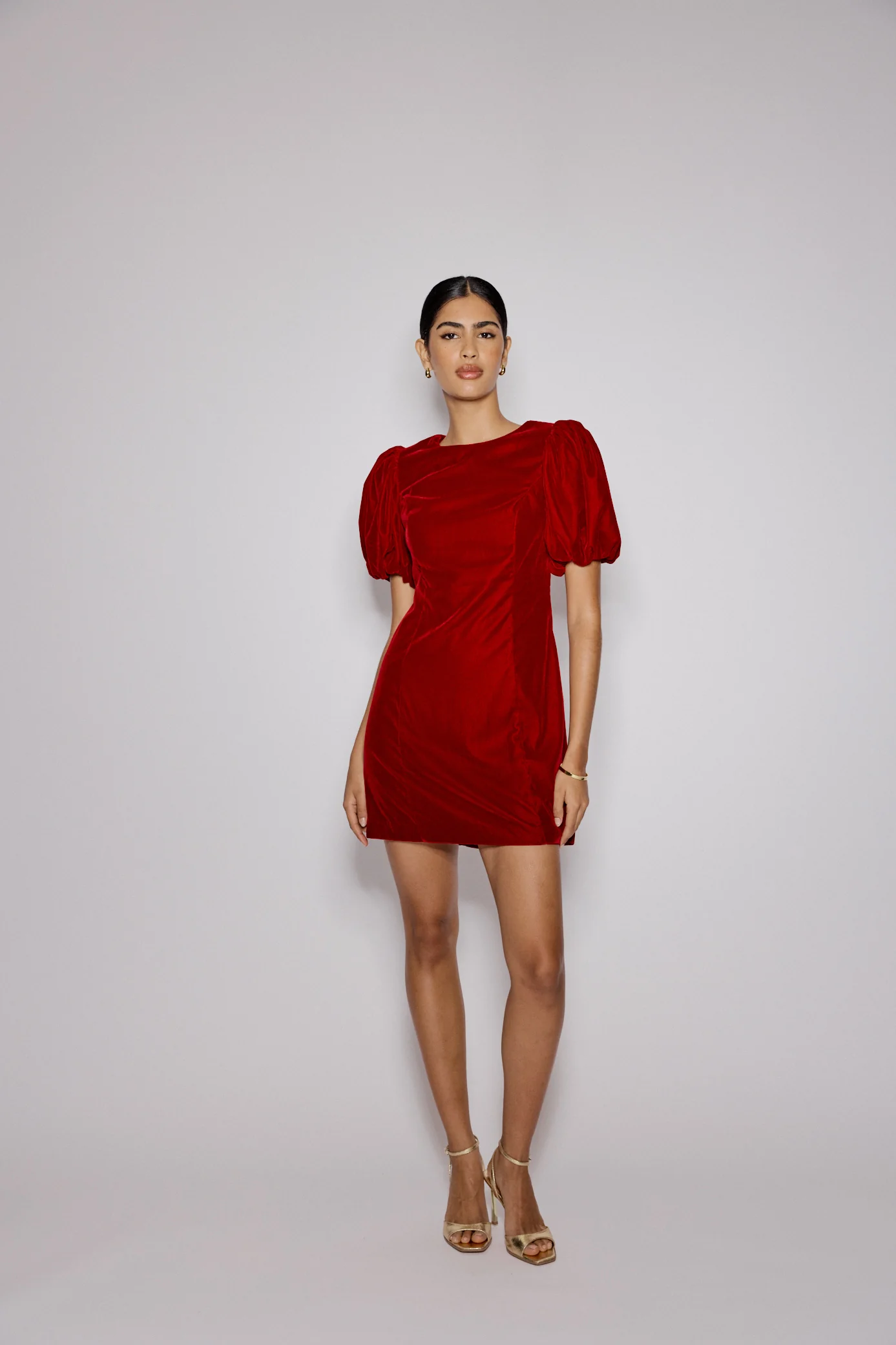 Red Velvet Puff Sleeve Boston Mini Shift Dress - Image 2