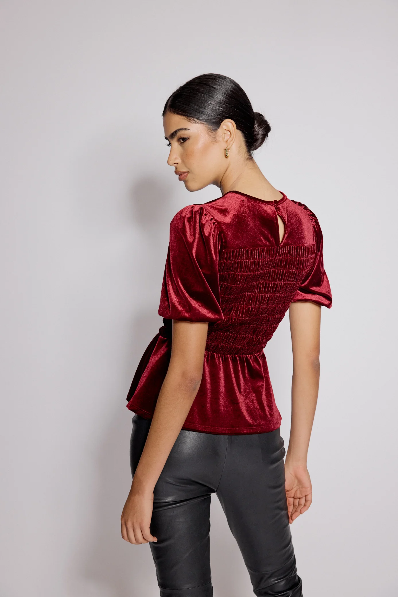 Red Velvet Puff Sleeve Peplum Top - Image 5