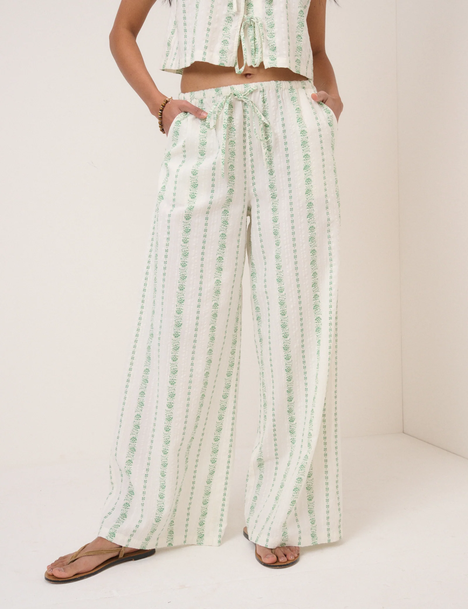 White Floral Wide Leg Trousers - Image 2