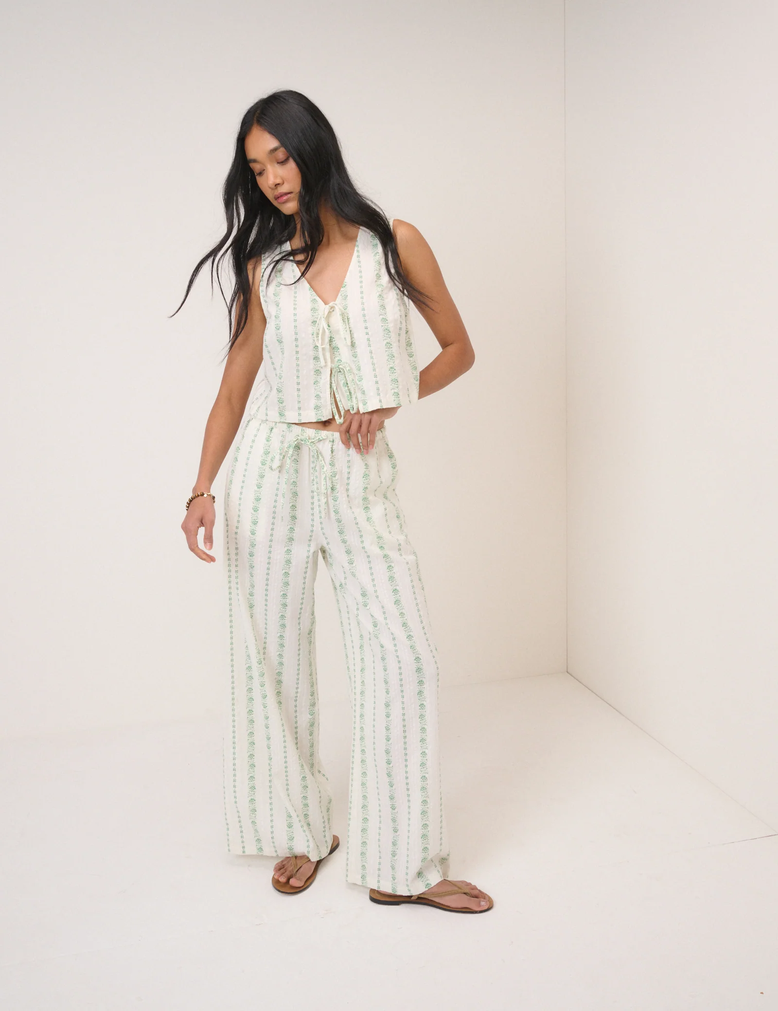 White Floral Wide Leg Trousers - Image 3