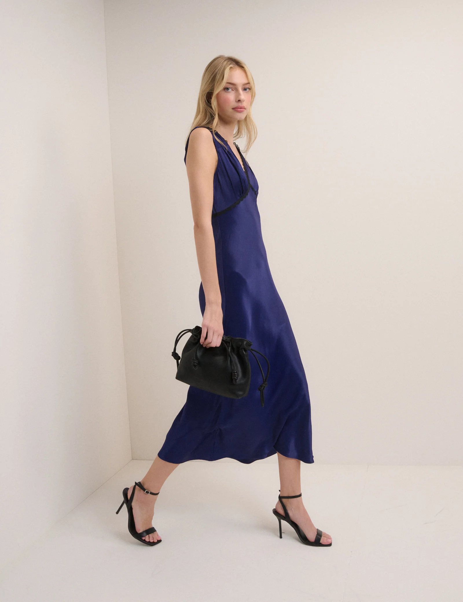 Navy Satin Ria Midi Dress - Image 4