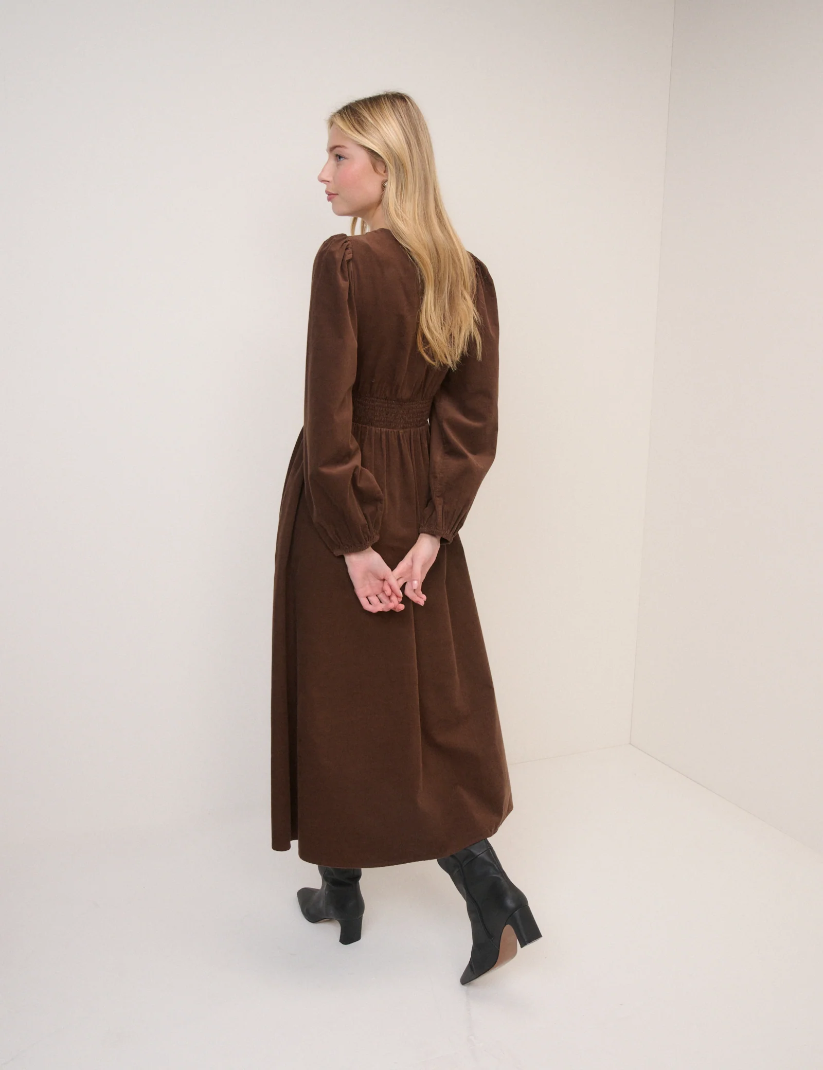 Brown Cord Shirred Riley Midi Dress - Image 5