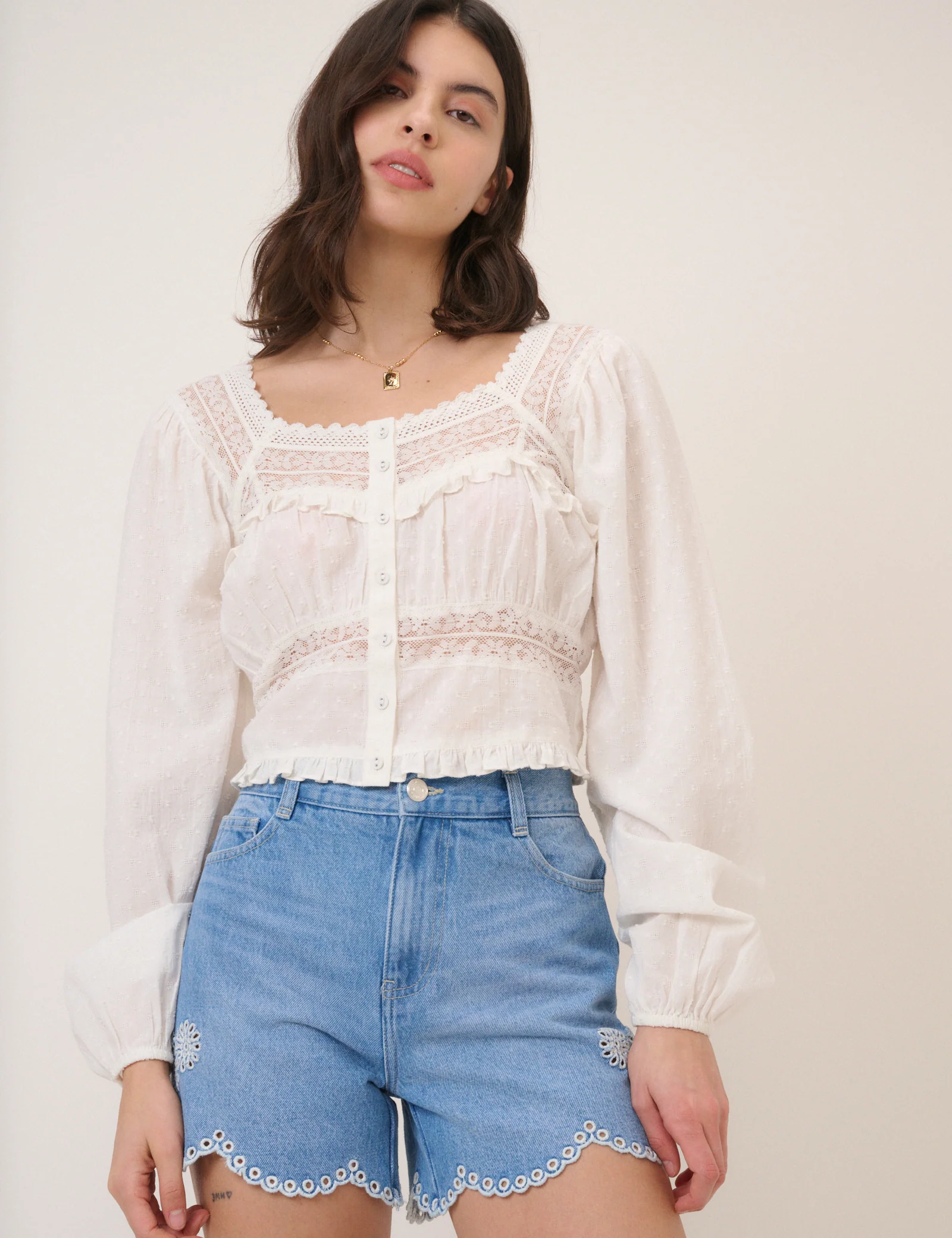 Blue Denim Embroidered Shorts - Image 2