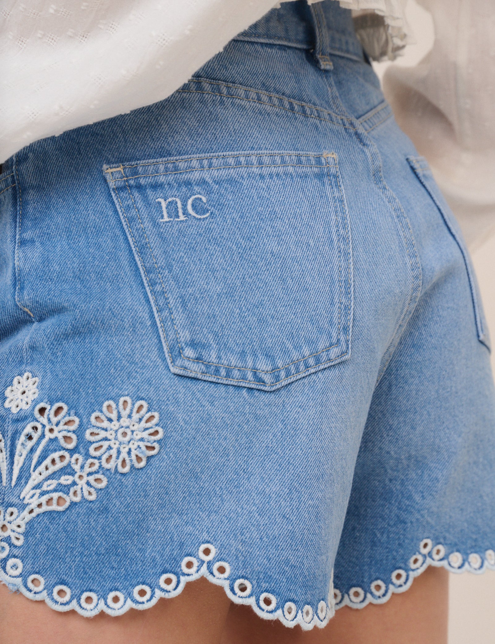 Blue Denim Embroidered Shorts - Image 5