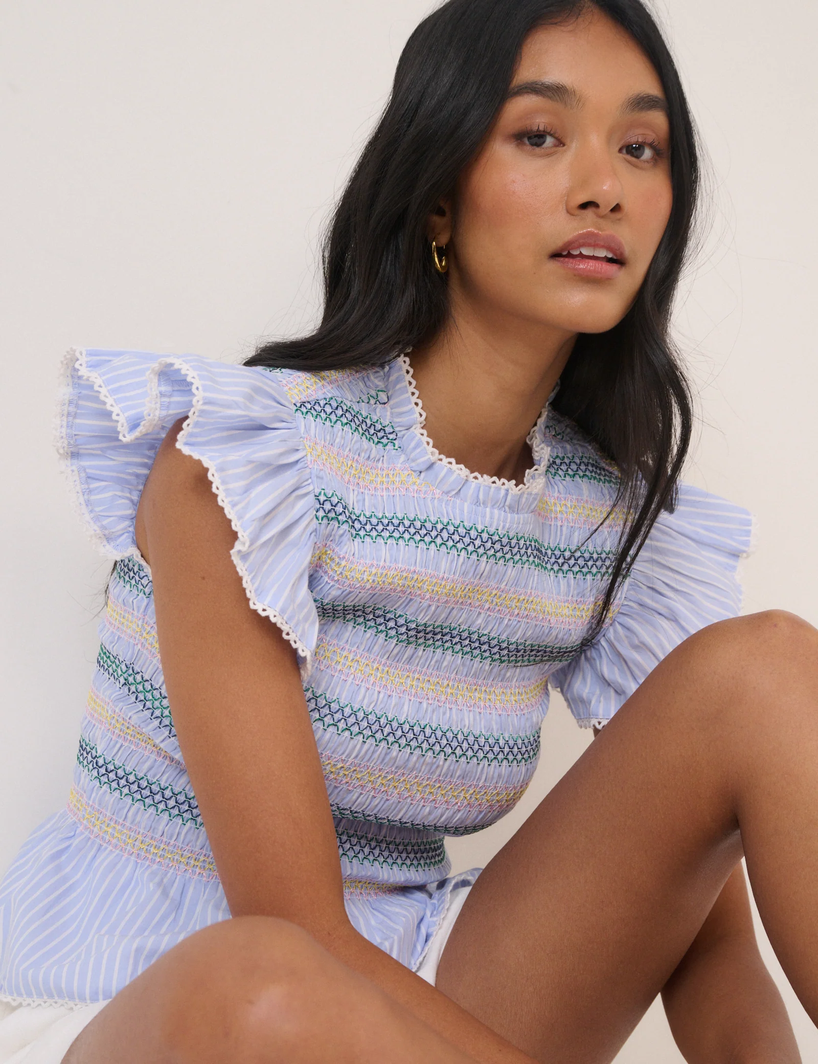 Blue Striped Shirred Top - Image 4