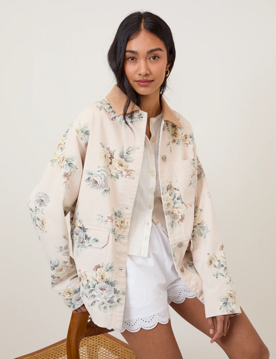 Light Pink Denim Floral Cord Collar Jacket - Image 4