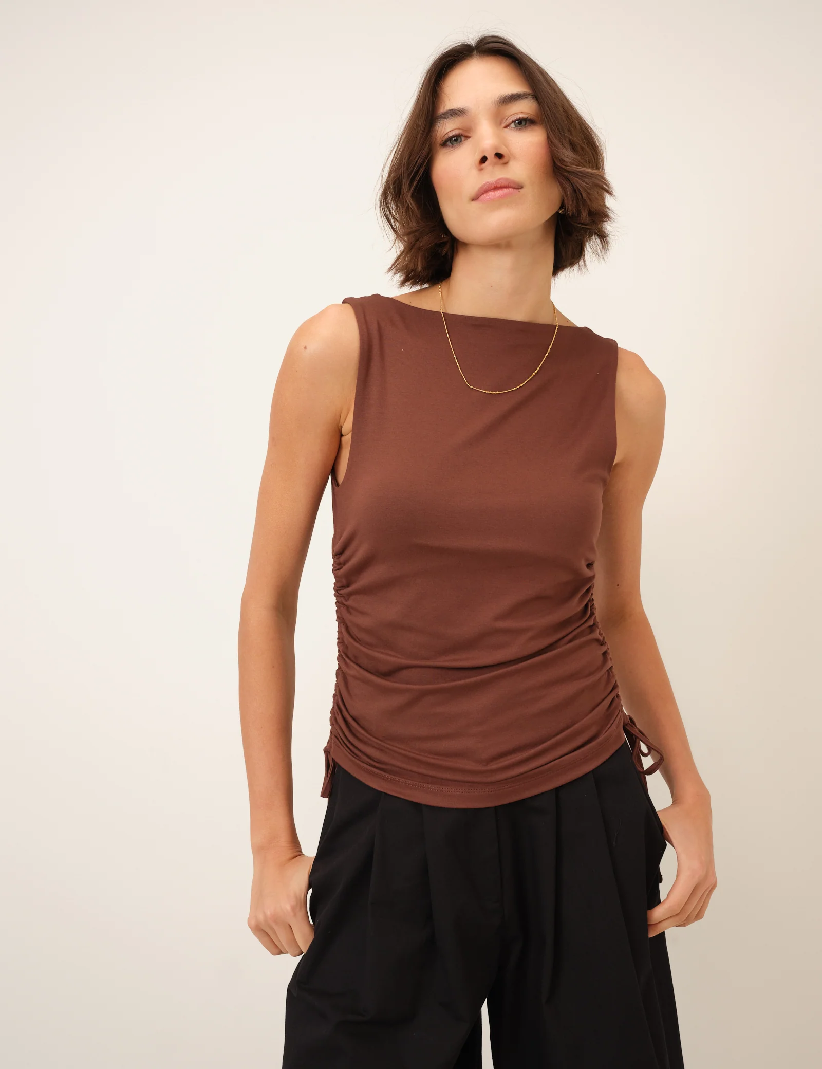 Brown Ruched Side Tie Top - Image 3