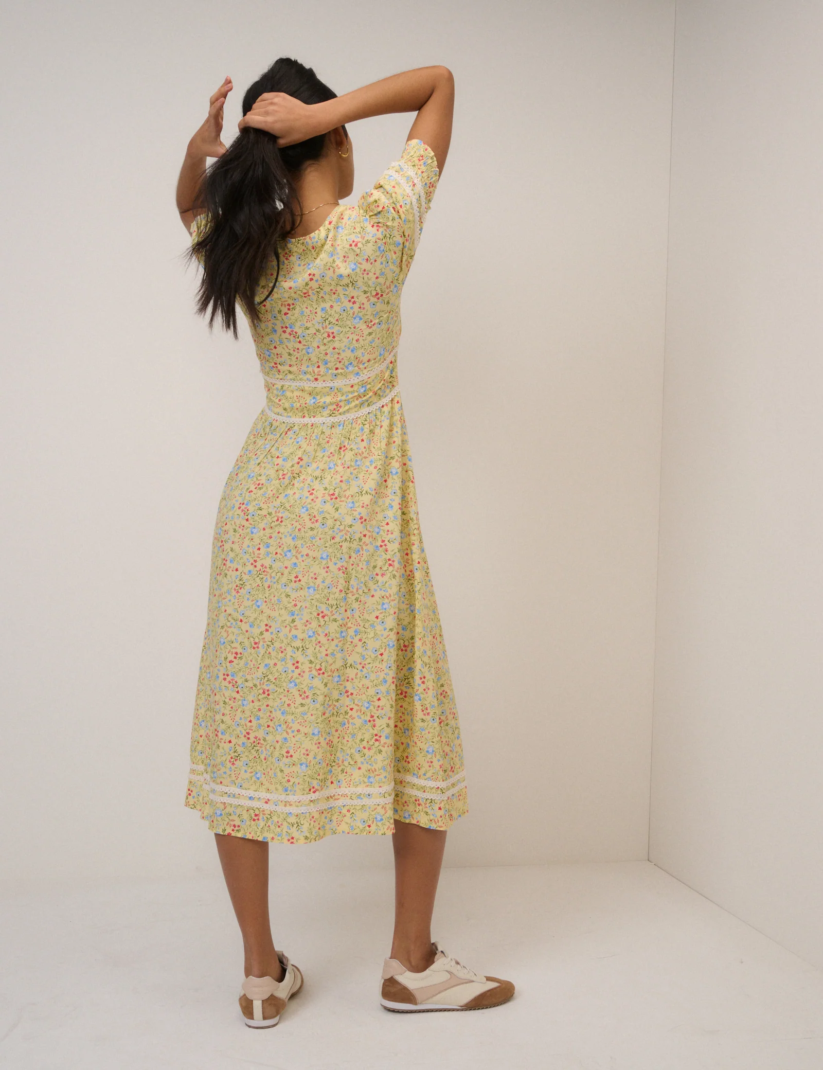 Yellow Ditsy Floral Saffy Midi Tea Dress - Image 5