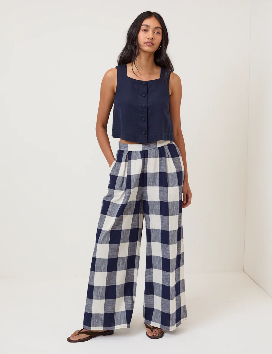 Navy Linen-Blend Button Front Top - Image 2