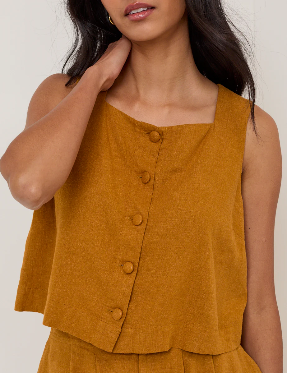 Orange Linen-Blend Button Front Top - Image 3