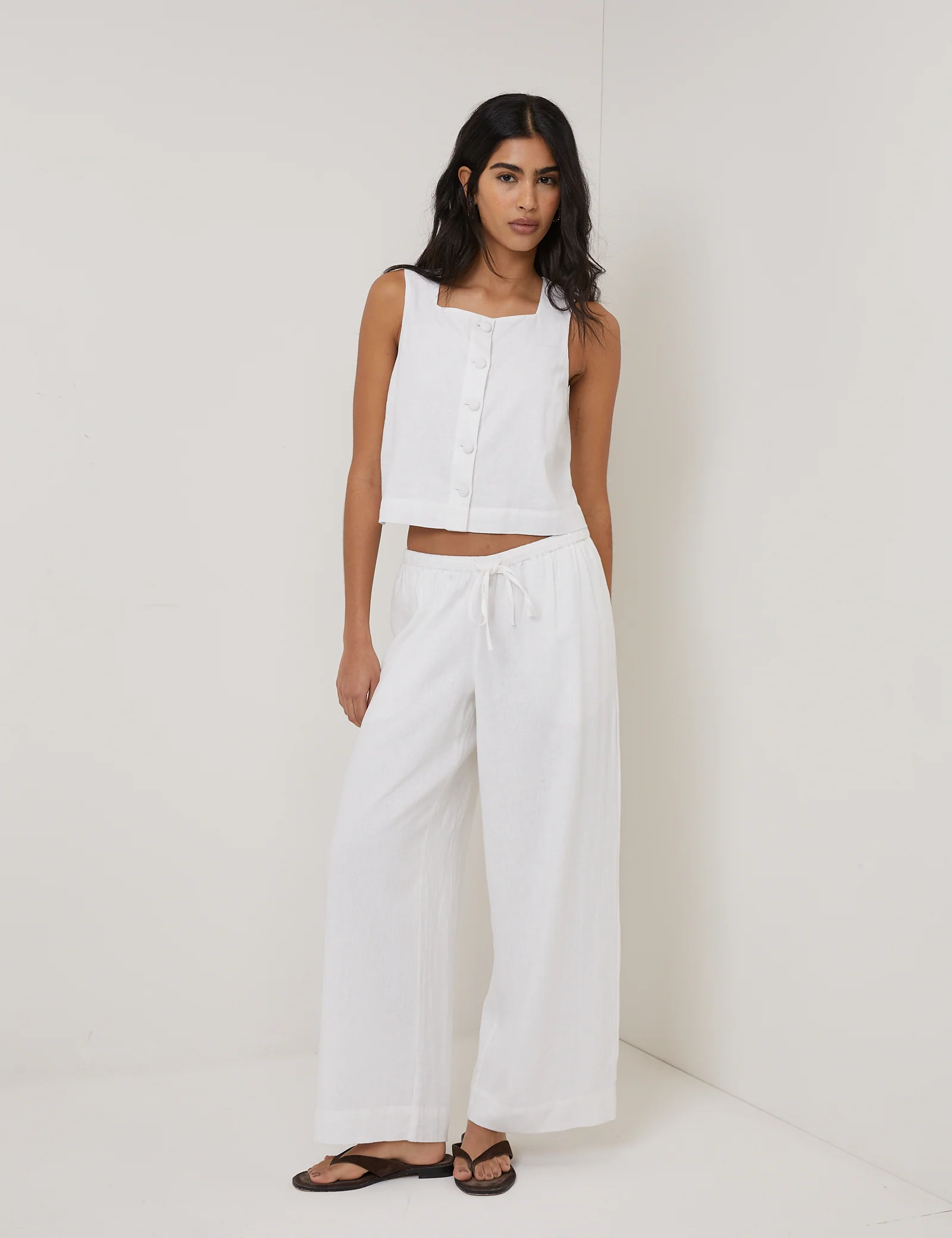 White Linen-Blend Button Front Top - Image 2
