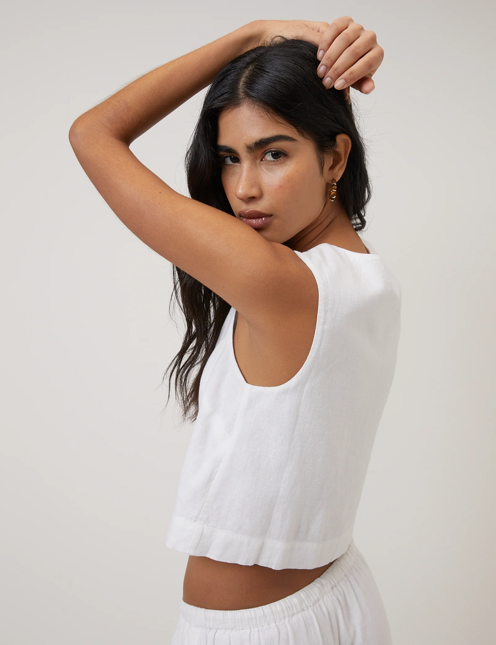 White Linen-Blend Button Front Top - Image 5