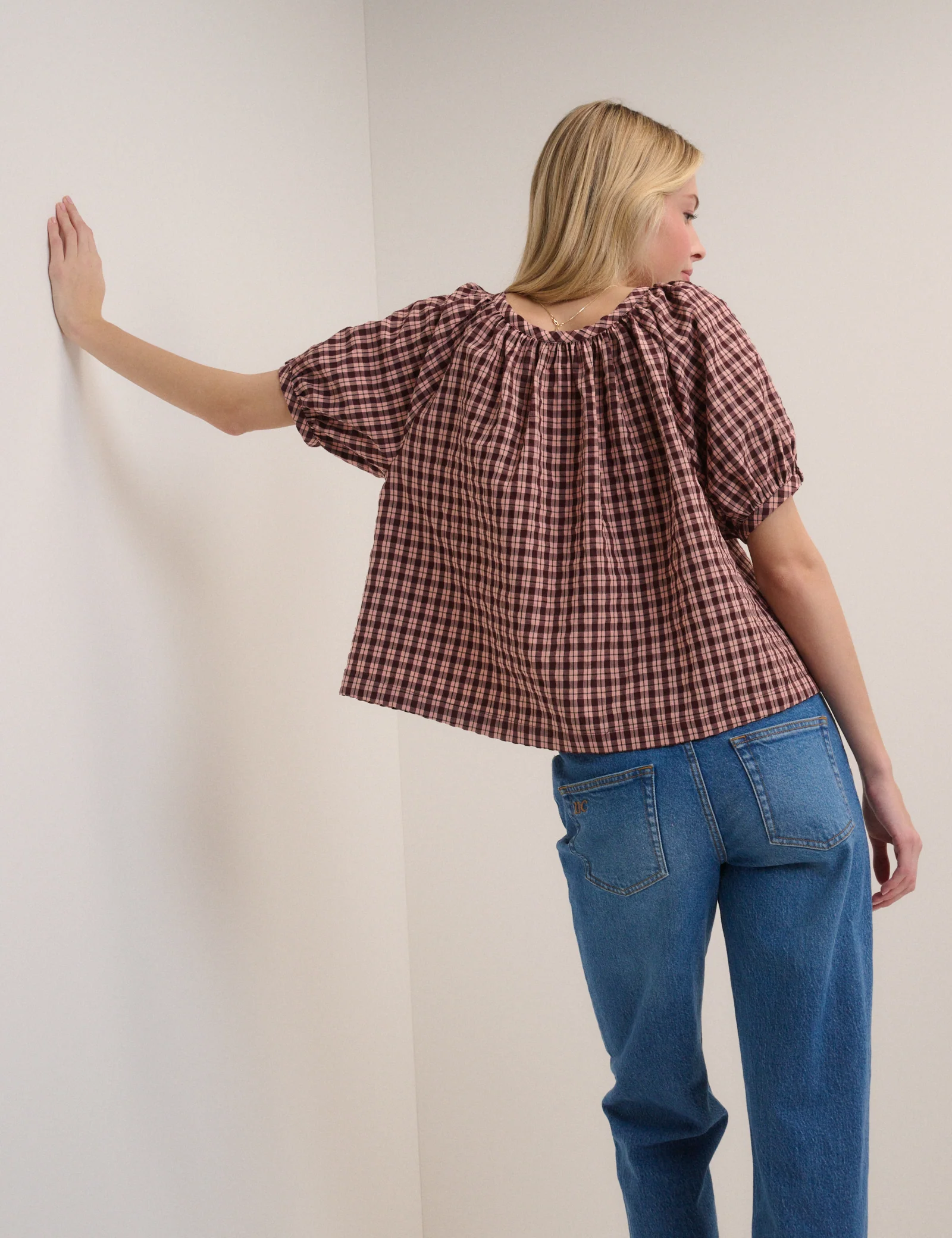 Pink Check Puff Sleeve Button Front Top - Image 5