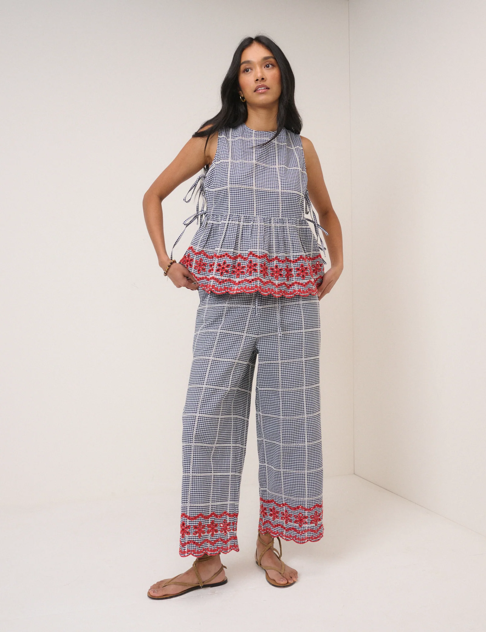 Black Gingham Embroidered Cropped Trousers - Image 2
