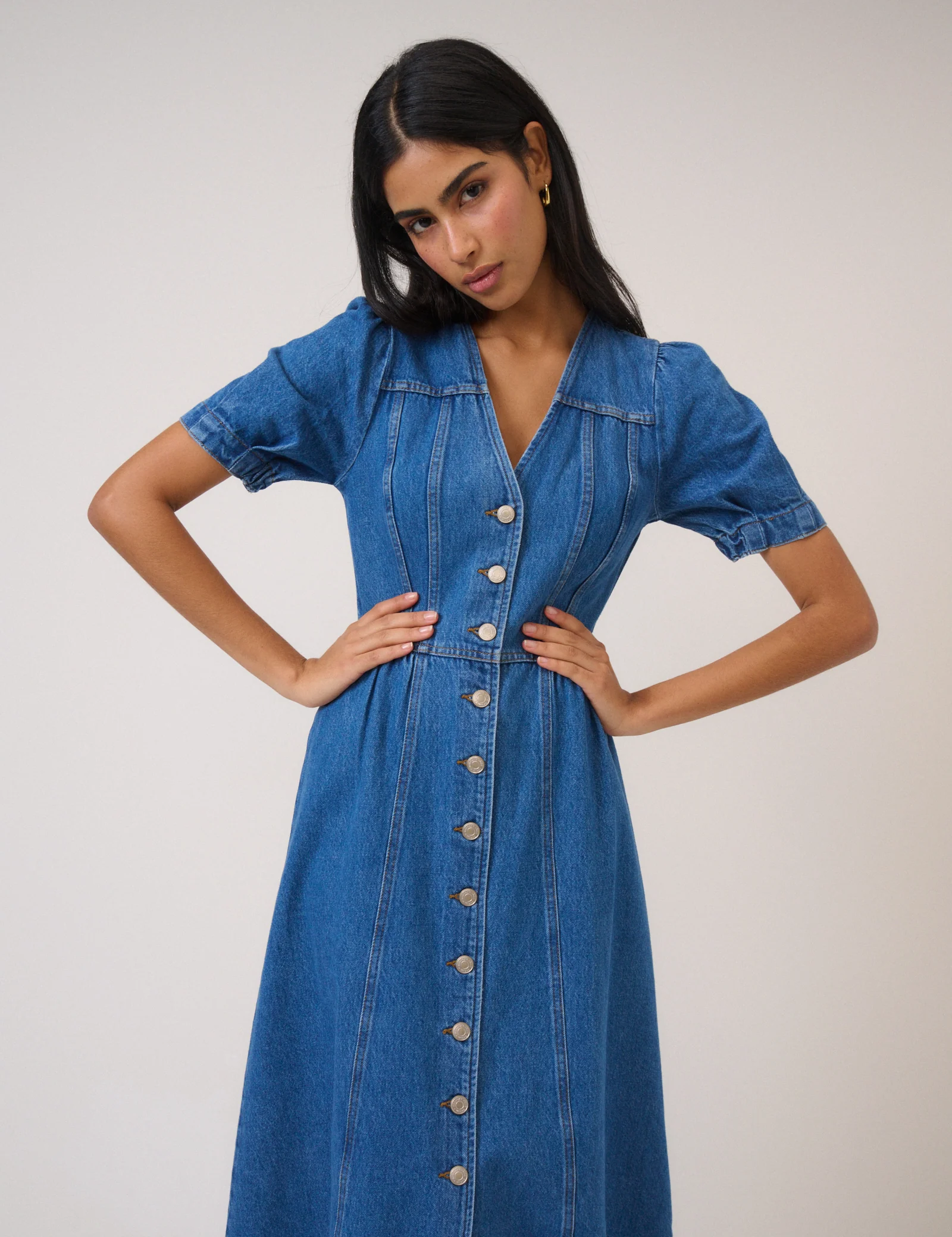 Blue Denim Puff Sleeve Sienna Midi Dress - Image 3