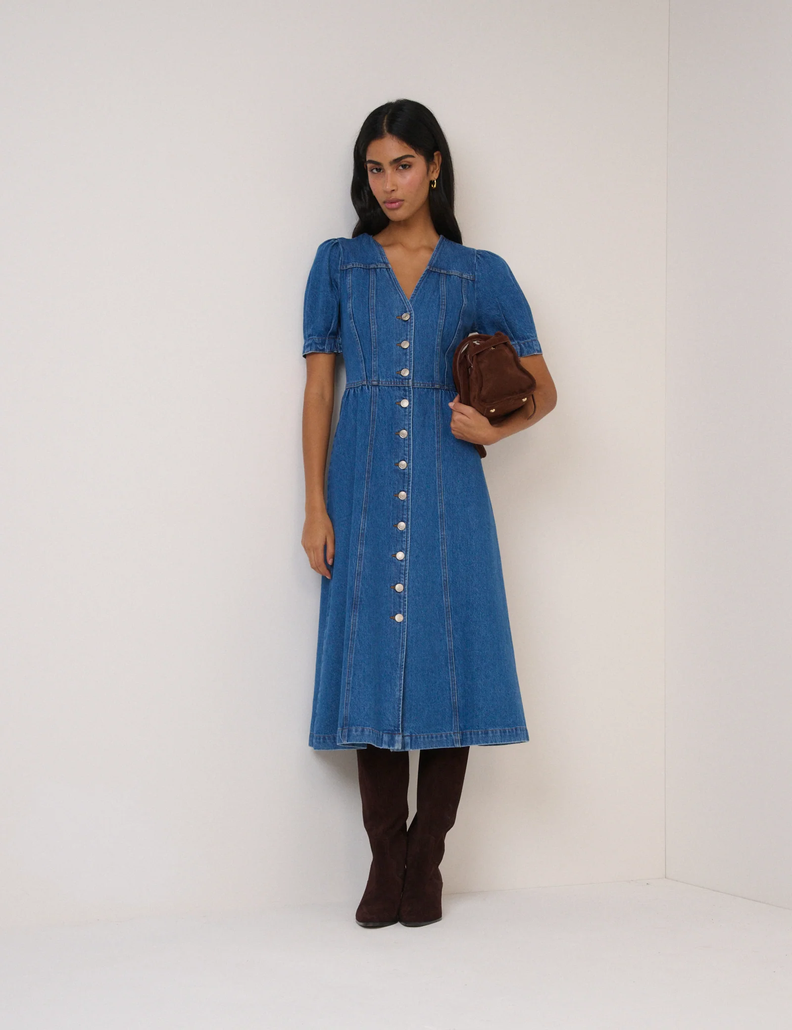 Blue Denim Puff Sleeve Sienna Midi Dress - Image 4