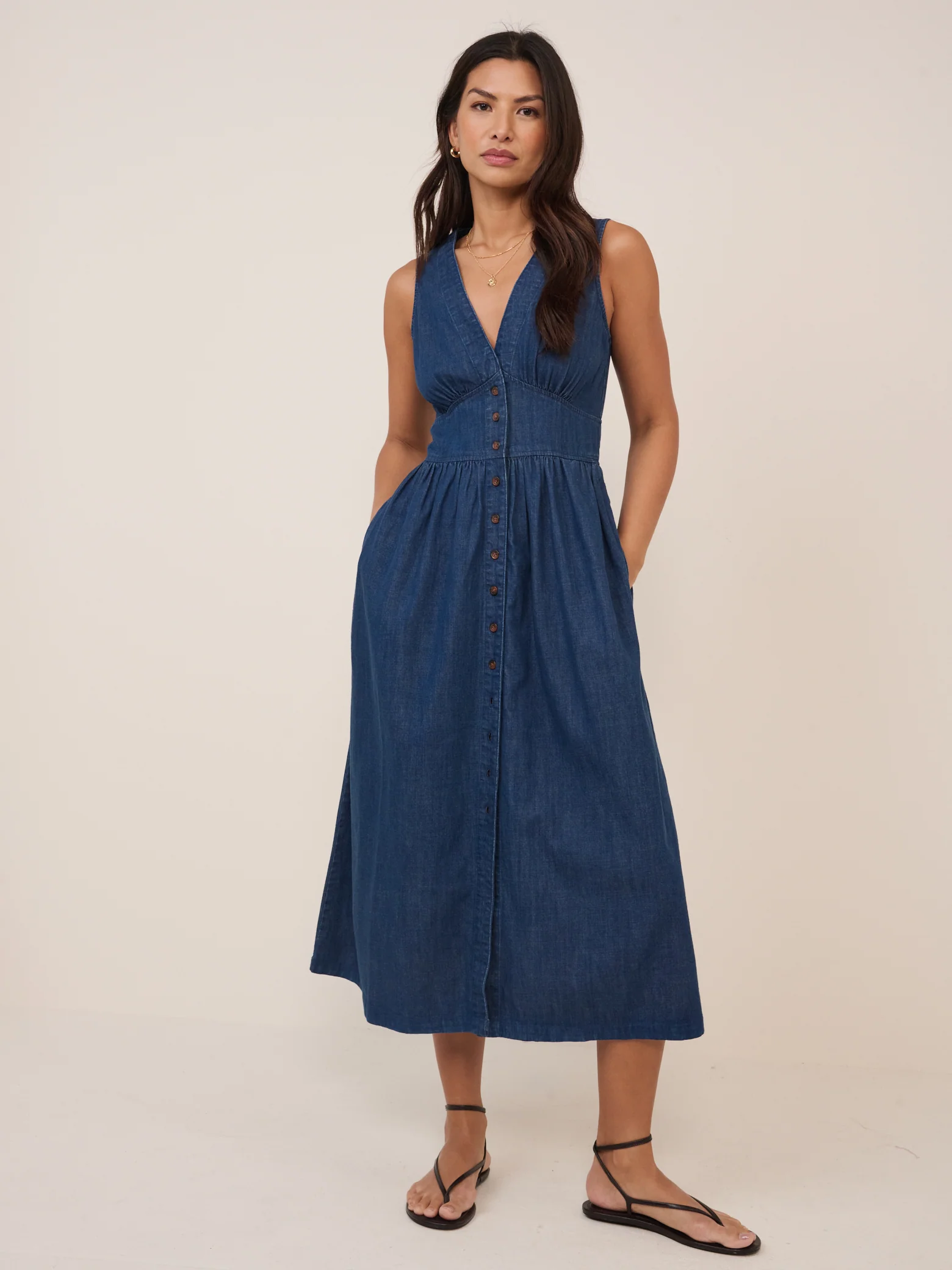 Dark Blue Denim Sleeveless Starlight Midi Dress - Image 4