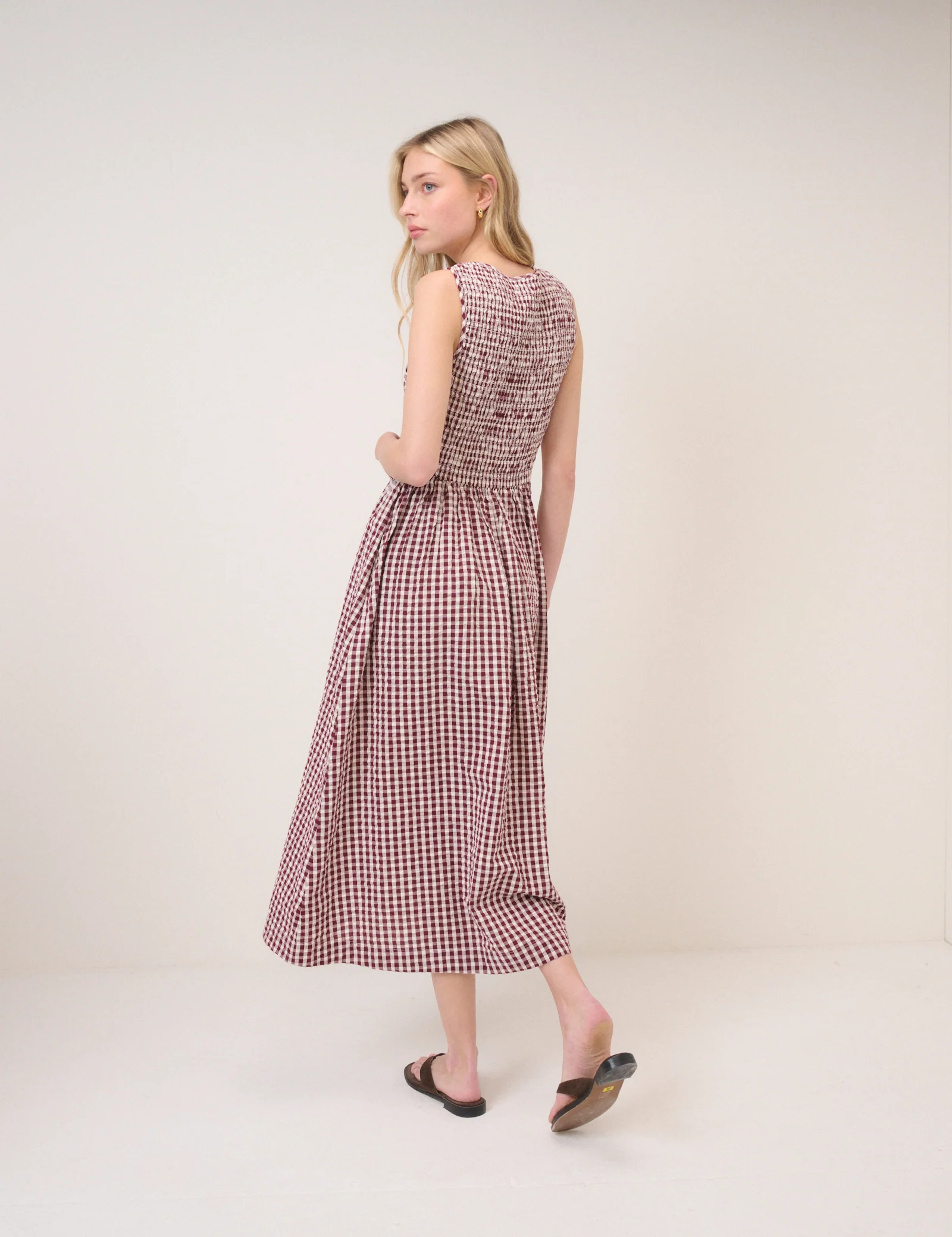Burgundy Gingham Shirred Kinsley Midi Dress - Image 5
