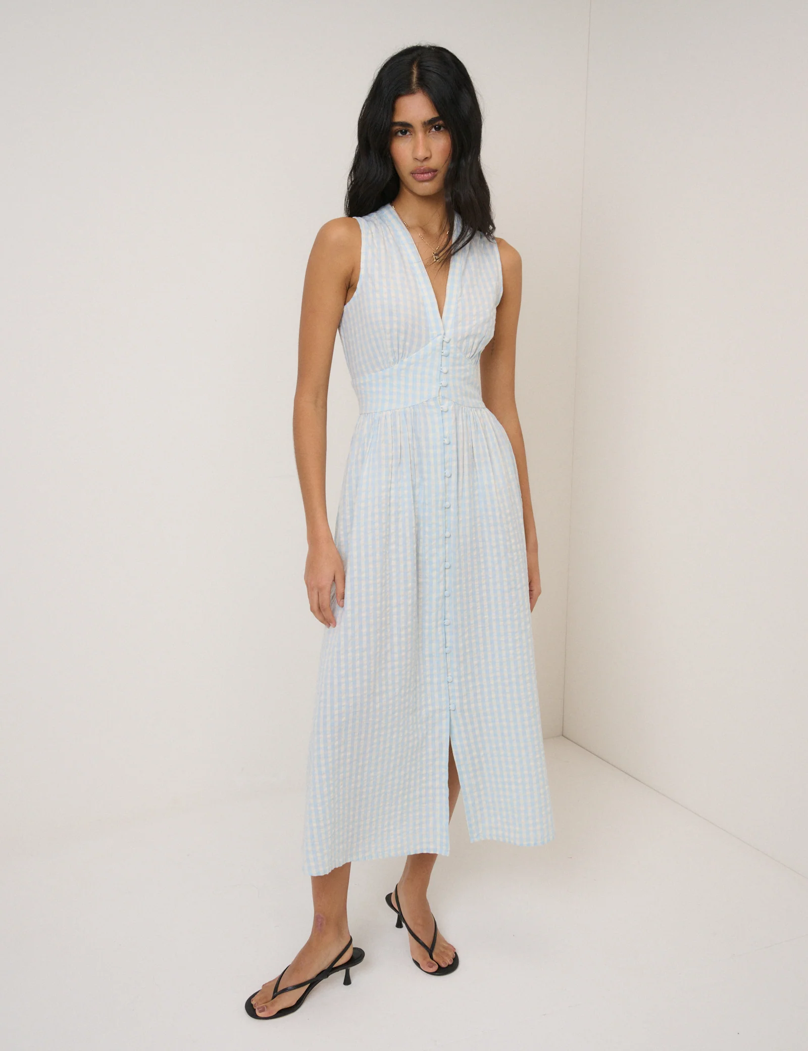 Light Blue Gingham Sleeveless Starlight Midi Dress - Image 3