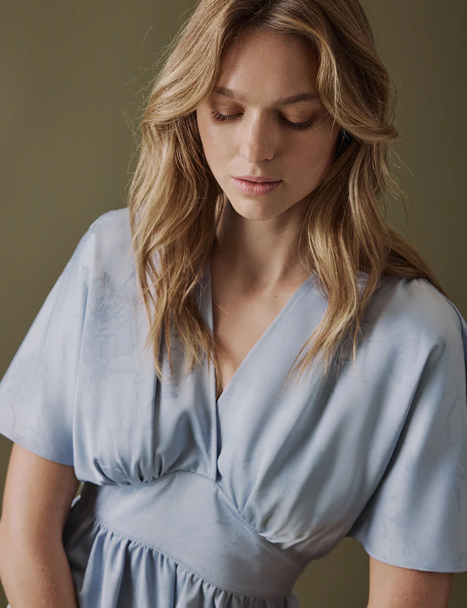 Soft Blue V Neck Midi Lorelai Dress - Image 2