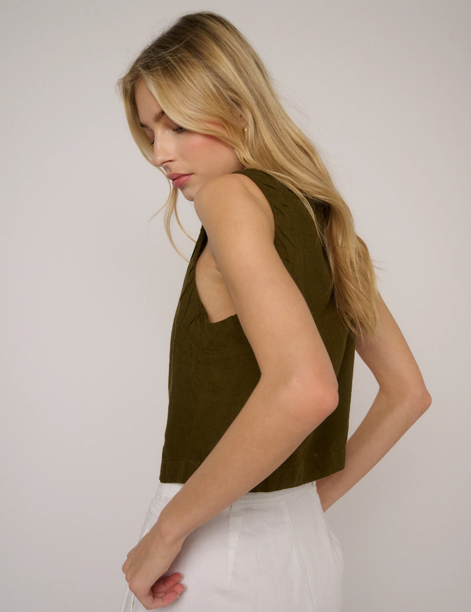 Khaki Green Linen-Blend Ruched Tank - Image 4