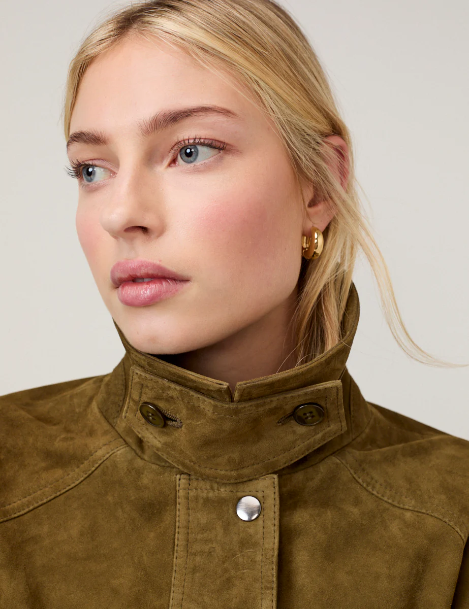 Khaki Funnel Neck Suede Bomber Jacket - Image 2