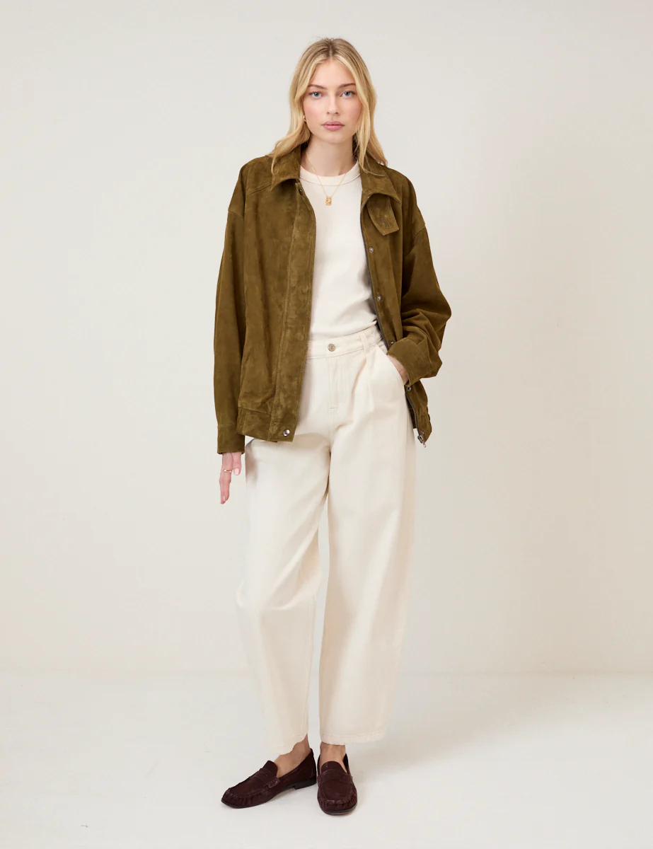 Khaki Funnel Neck Suede Bomber Jacket - Image 3
