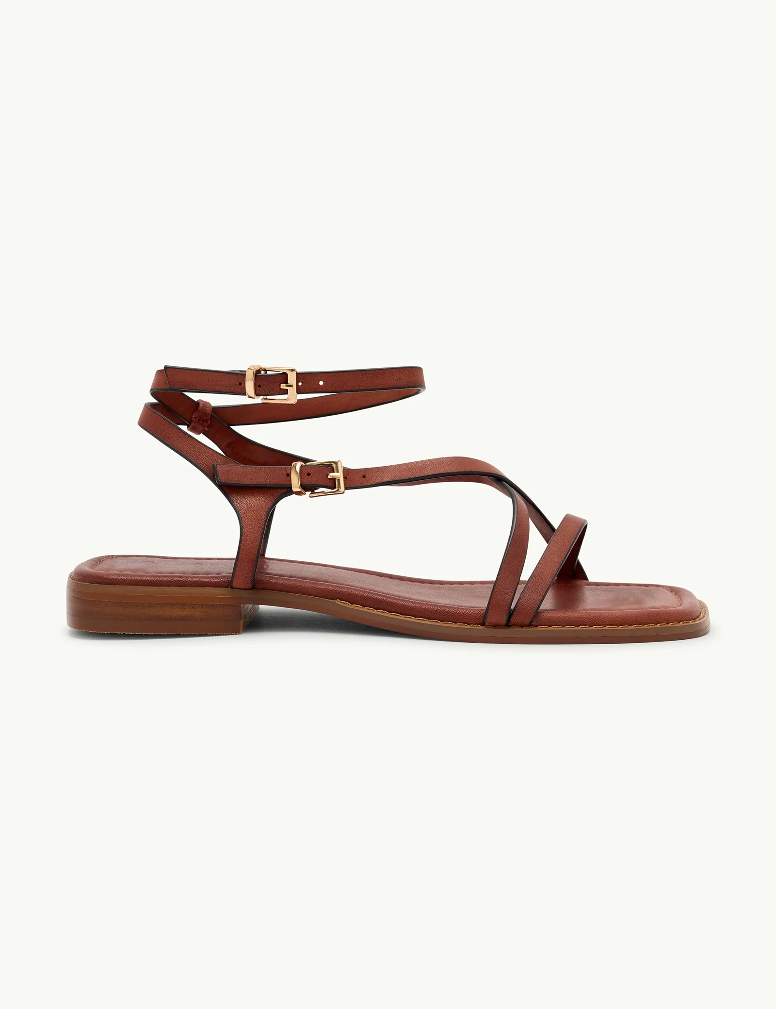 Brown Leather Square Toe Strappy Sandals - Image 2
