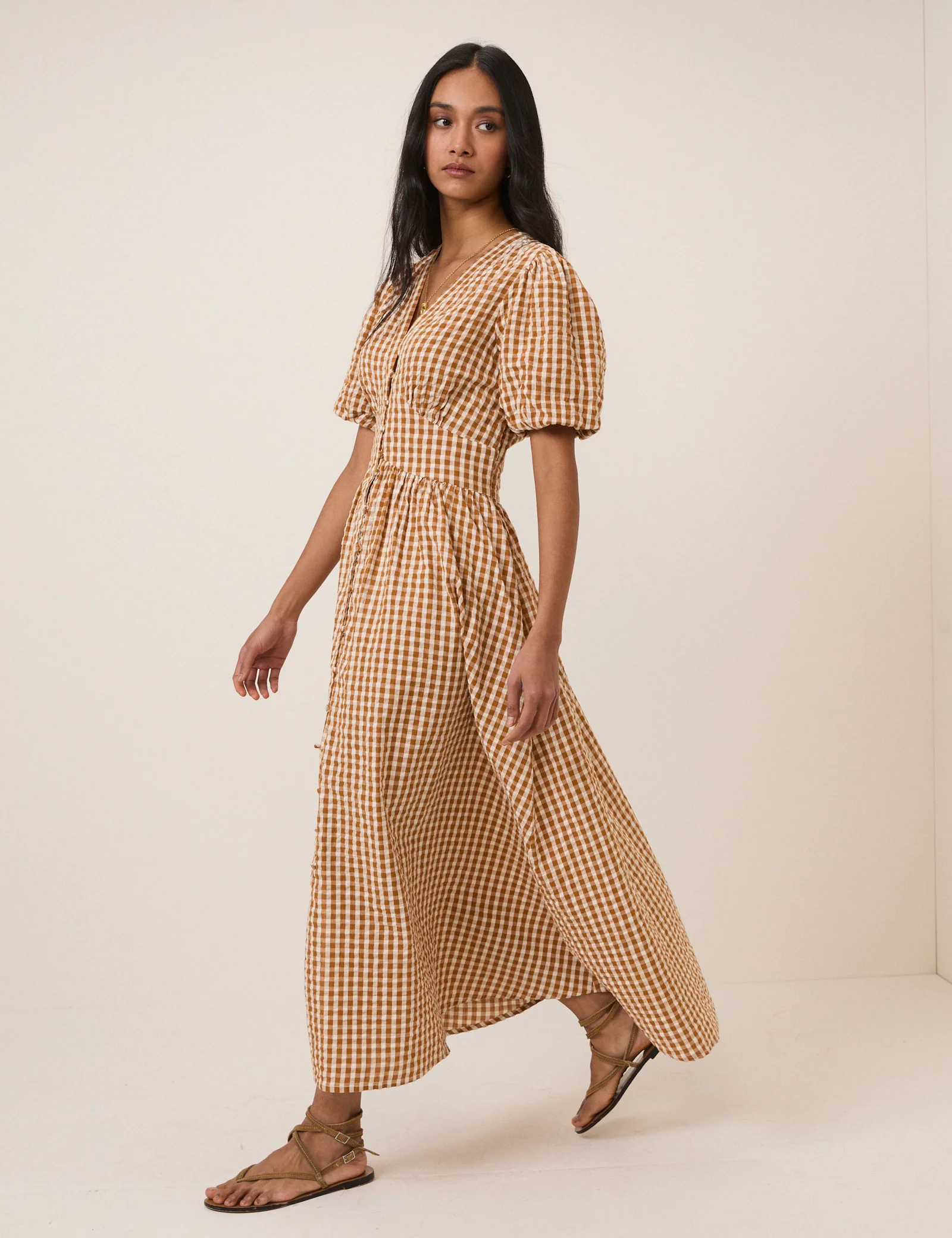 Orange Gingham Short Sleeve Starlight Midi Dress - Image 4