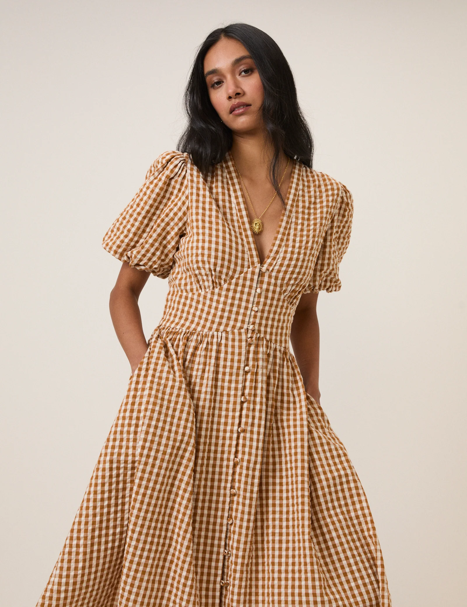 Orange Gingham Short Sleeve Starlight Midi Dress - Image 5