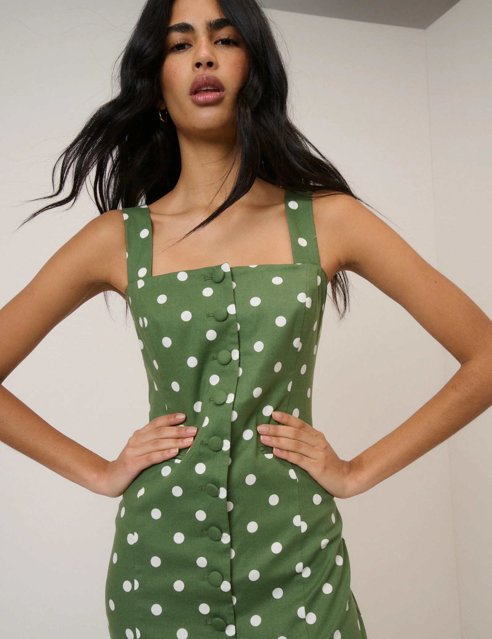 Green Polka Dot Strappy Tailored Dress - Image 4