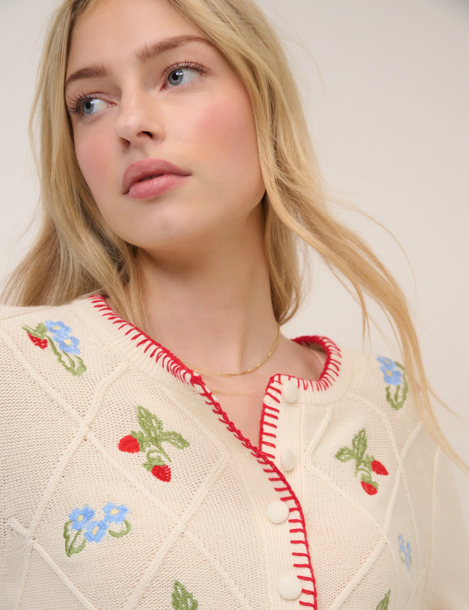 Cream Strawberry Embroidered Cardigan - Image 5