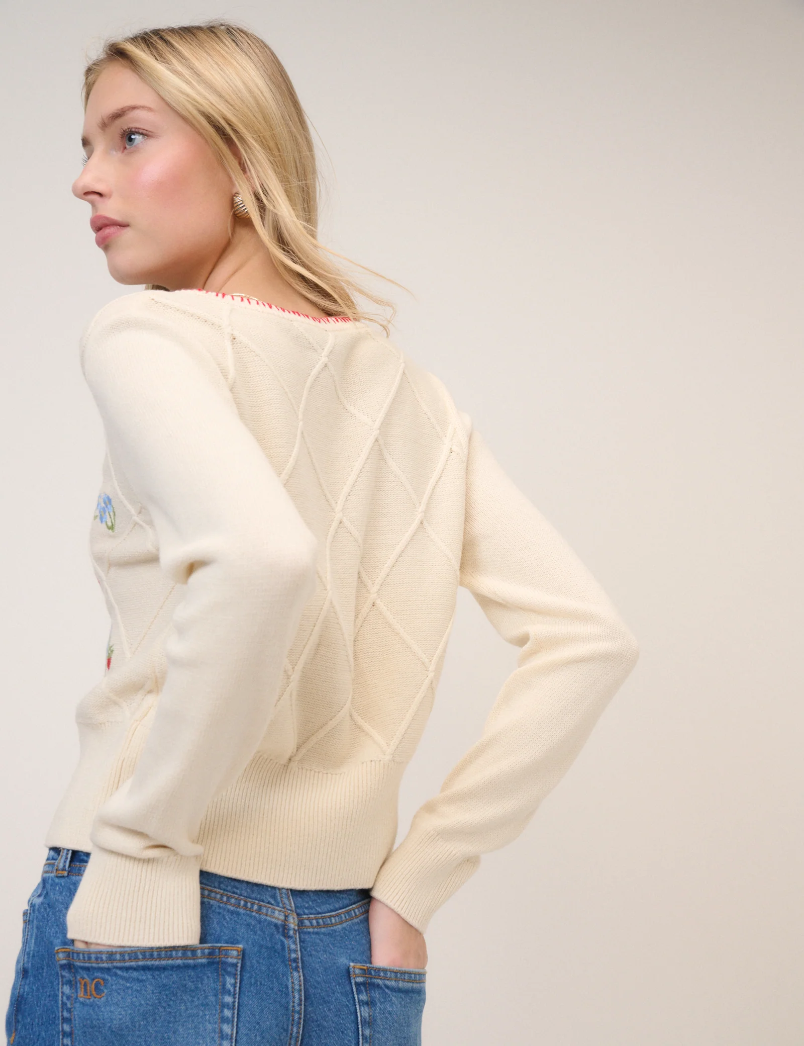 Cream Strawberry Embroidered Cardigan - Image 6