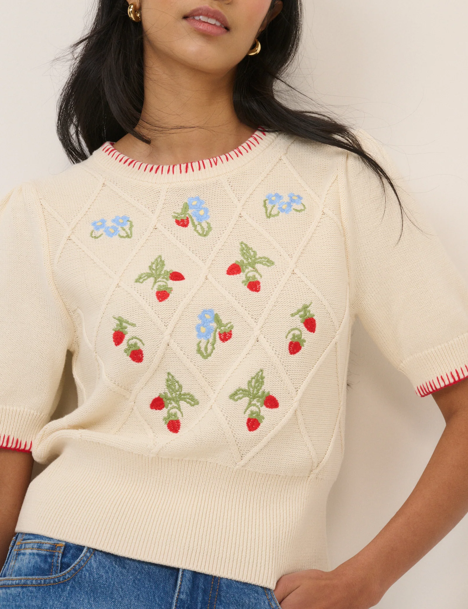 Cream Strawberry Embroidered Knitted T-Shirt - Image 3