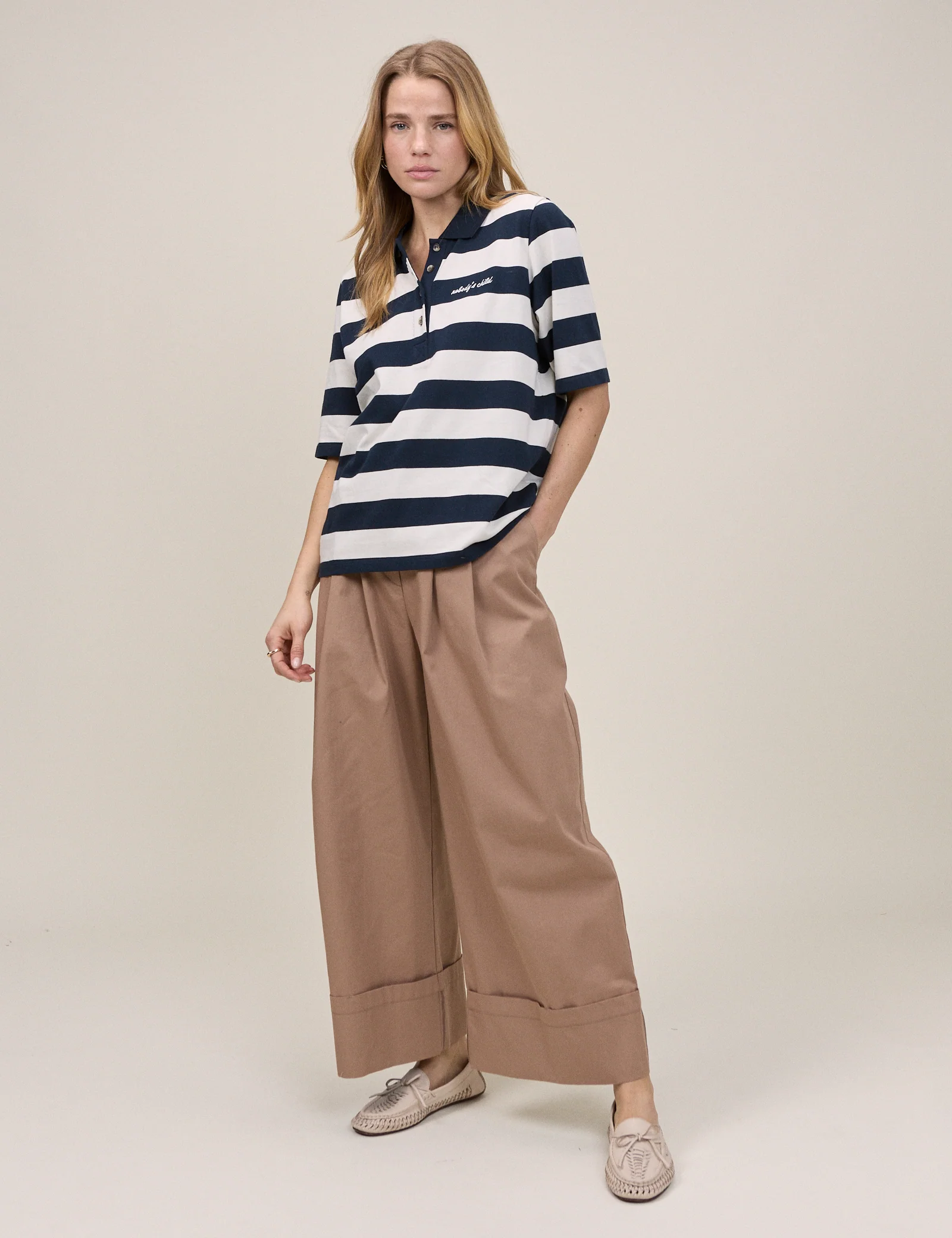 Navy Striped Short Sleeve Polo Top - Image 3