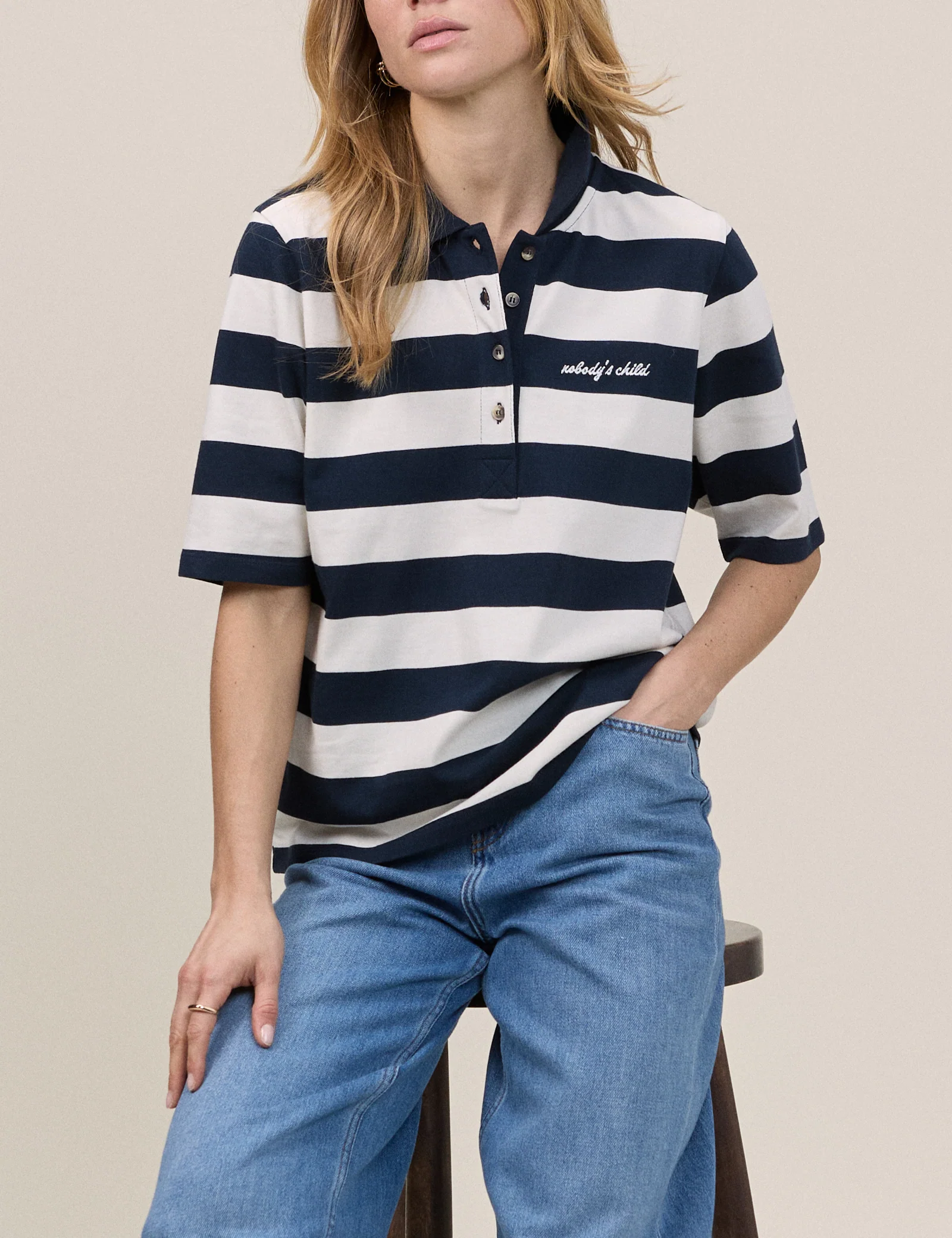 Navy Striped Short Sleeve Polo Top - Image 4