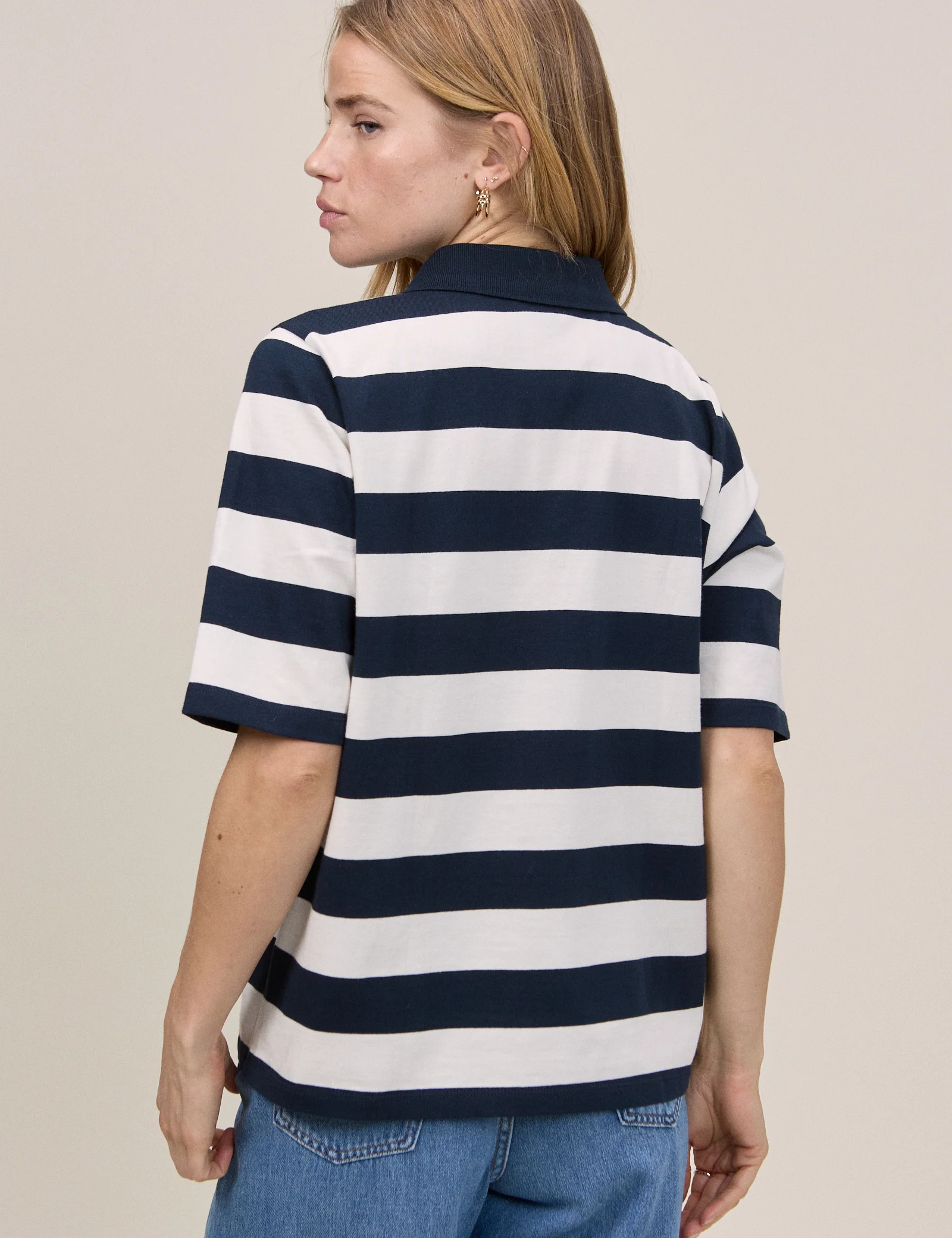 Navy Striped Short Sleeve Polo Top - Image 5
