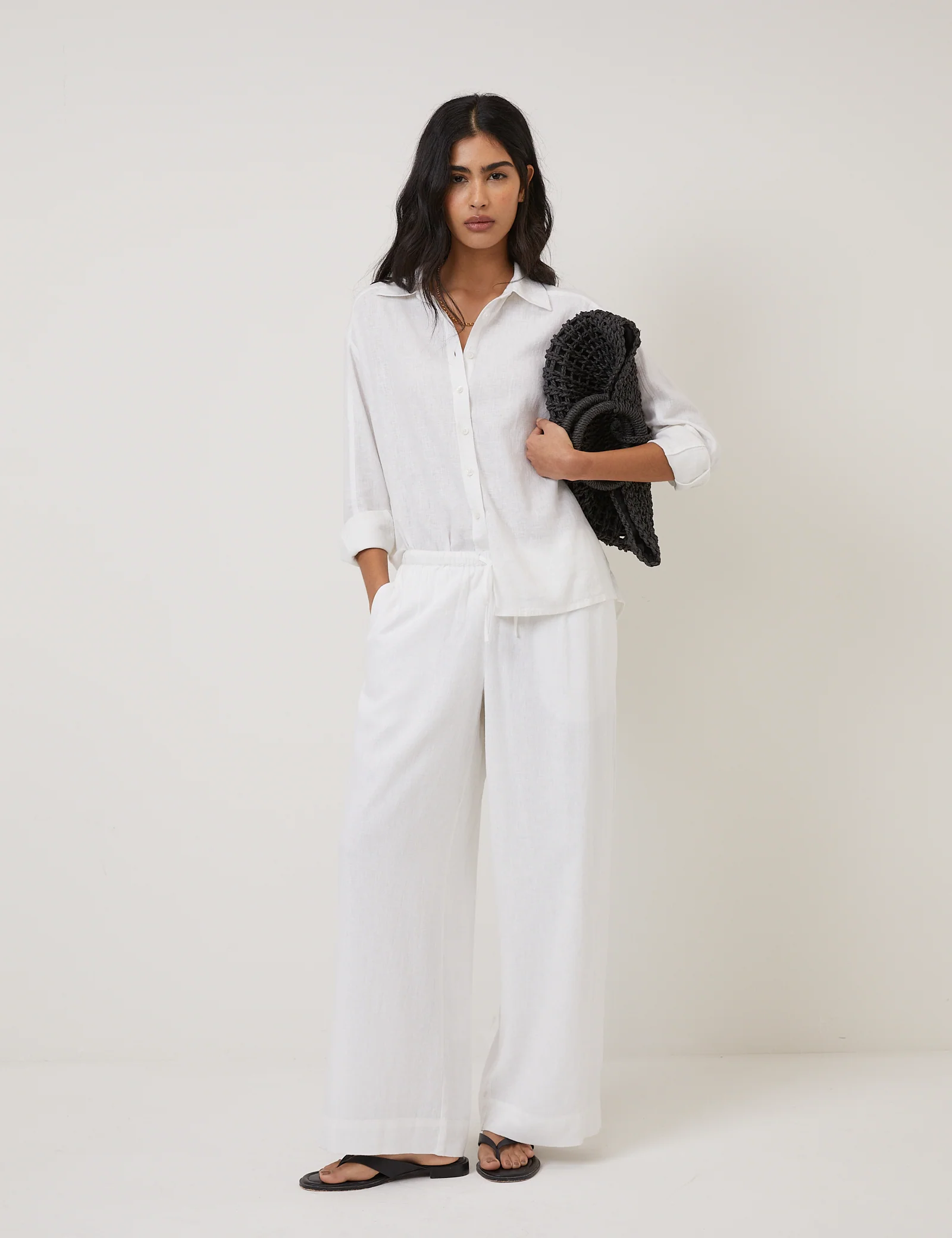 White Linen-Blend Low Waisted Straight Leg Trousers - Image 2