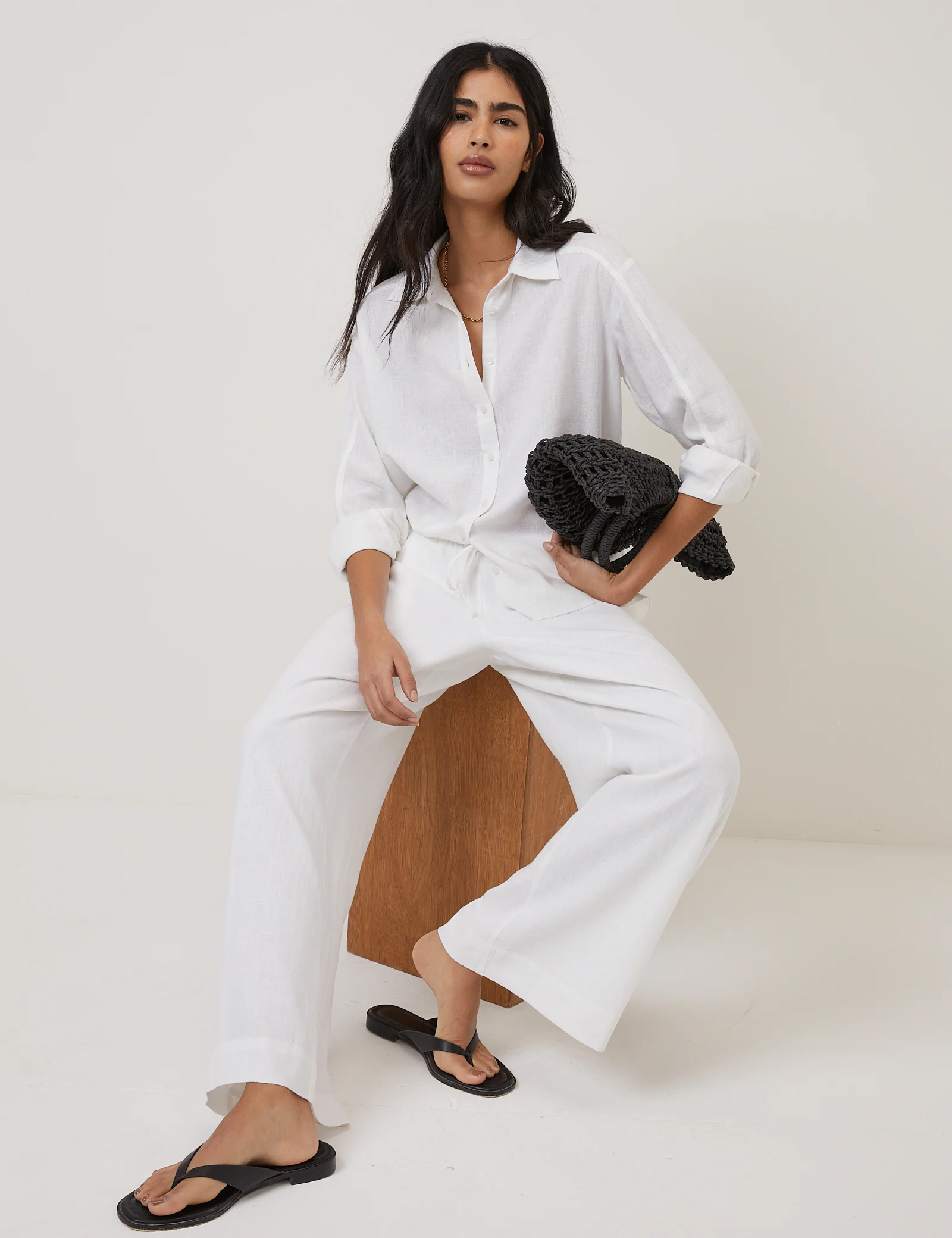 White Linen-Blend Low Waisted Straight Leg Trousers - Image 3