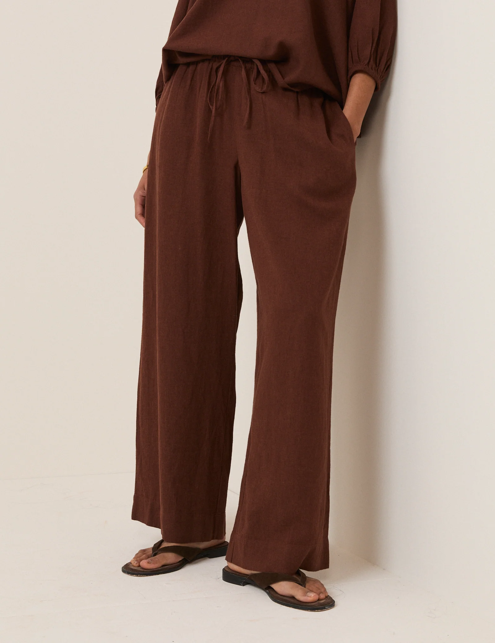 Brown Linen-Blend Straight Leg Trousers - Image 2