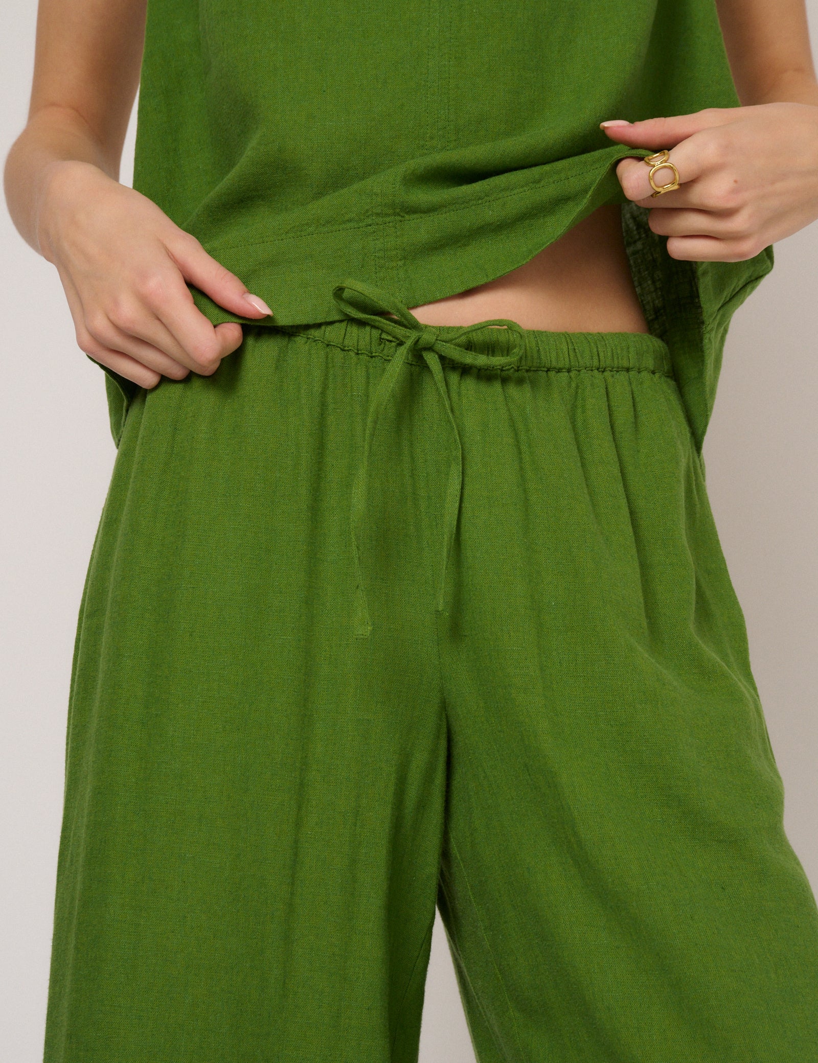 Green Linen-Blend Low Waisted Trousers - Image 2