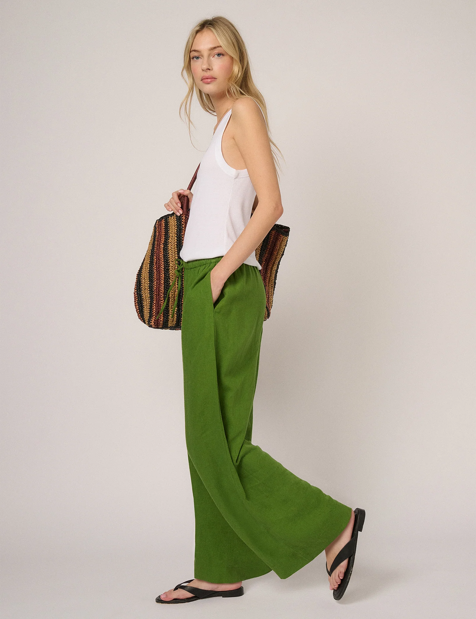 Green Linen-Blend Low Waisted Trousers - Image 5