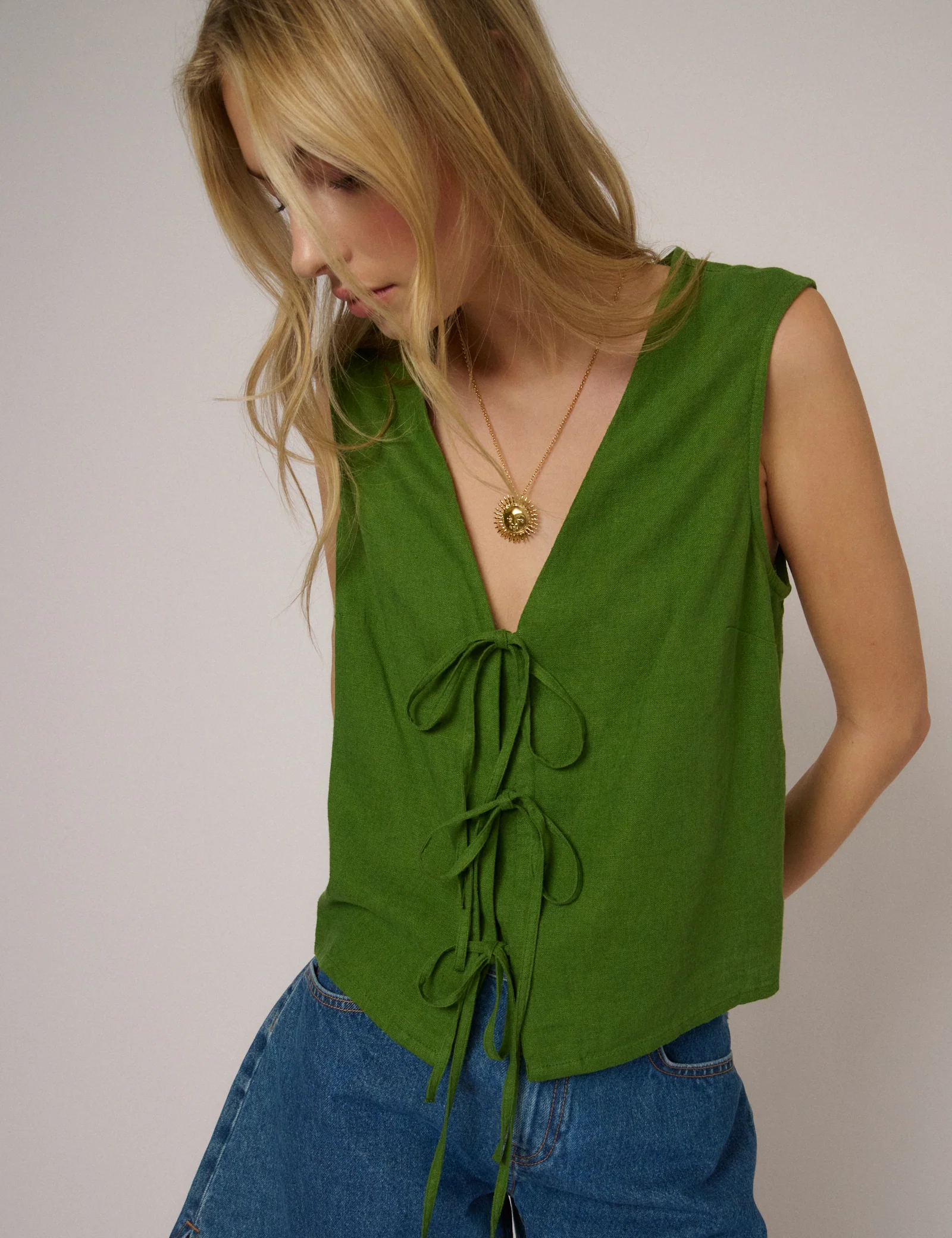 Green Linen-Blend Tie Front Tessa Top - Image 2
