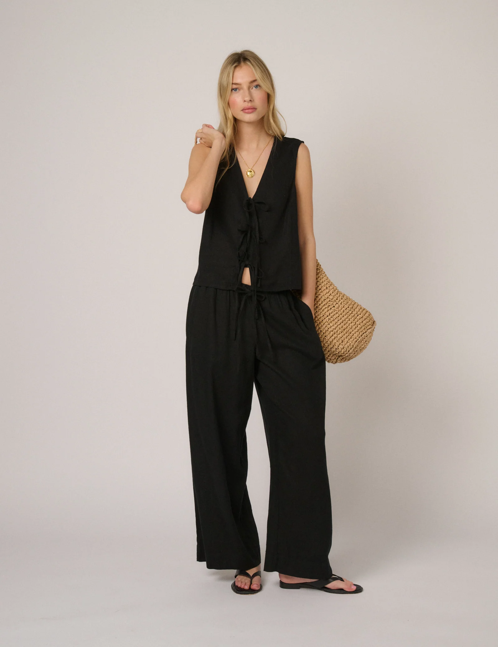Black Linen-Blend Tie Front Tessa Top - Image 4