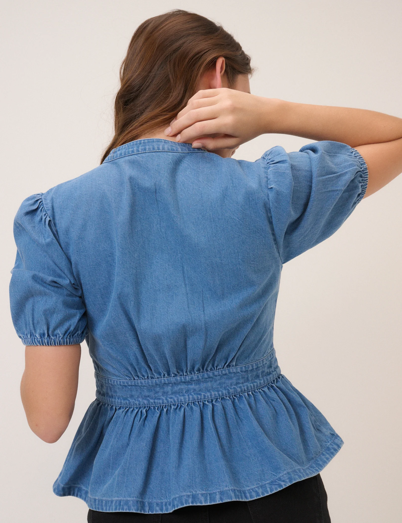 Blue Short Sleeve Denim Blouse - Image 5