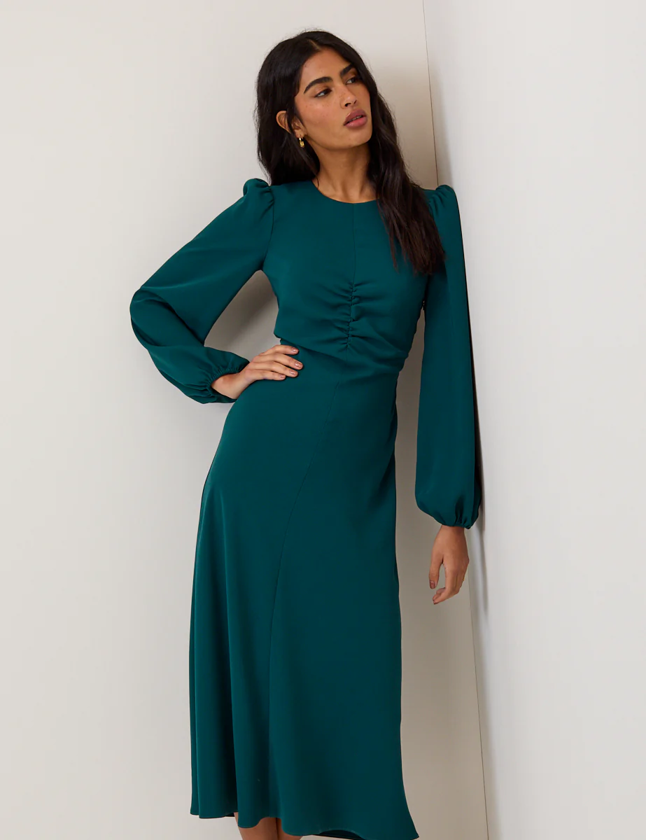 Turquoise Green Balloon Sleeve Blair Midi Dress