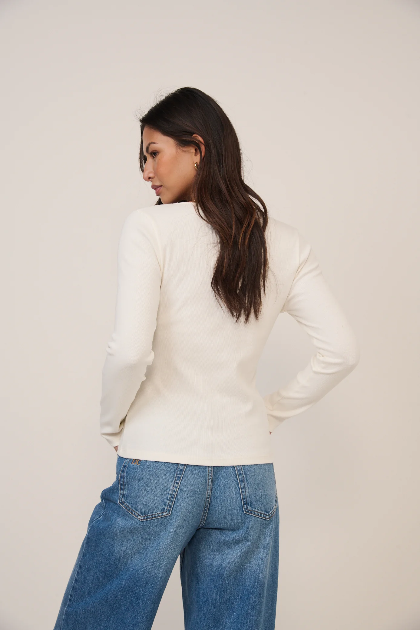 Cream V Neck Long Sleeve Ribbed Top - Image 5