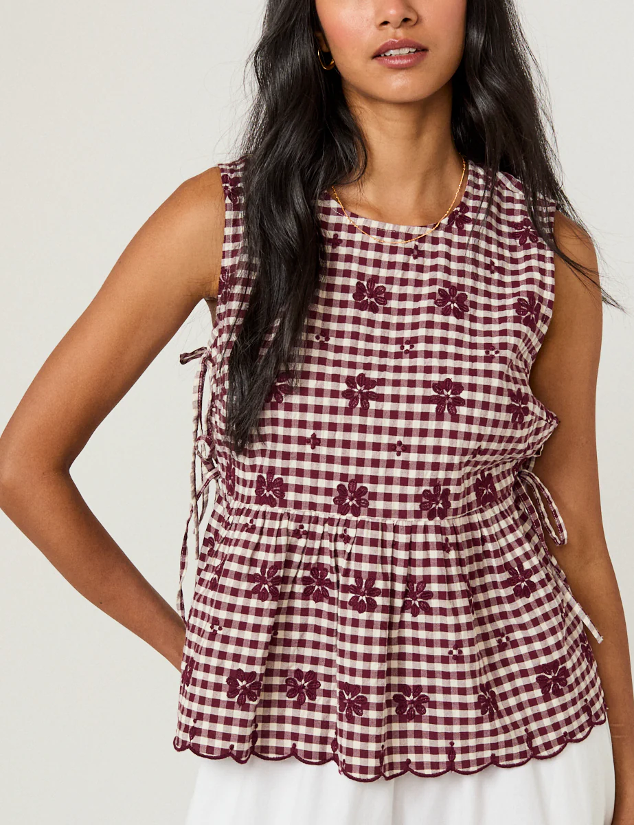 Burgundy Gingham Floral Swing Top - Image 2
