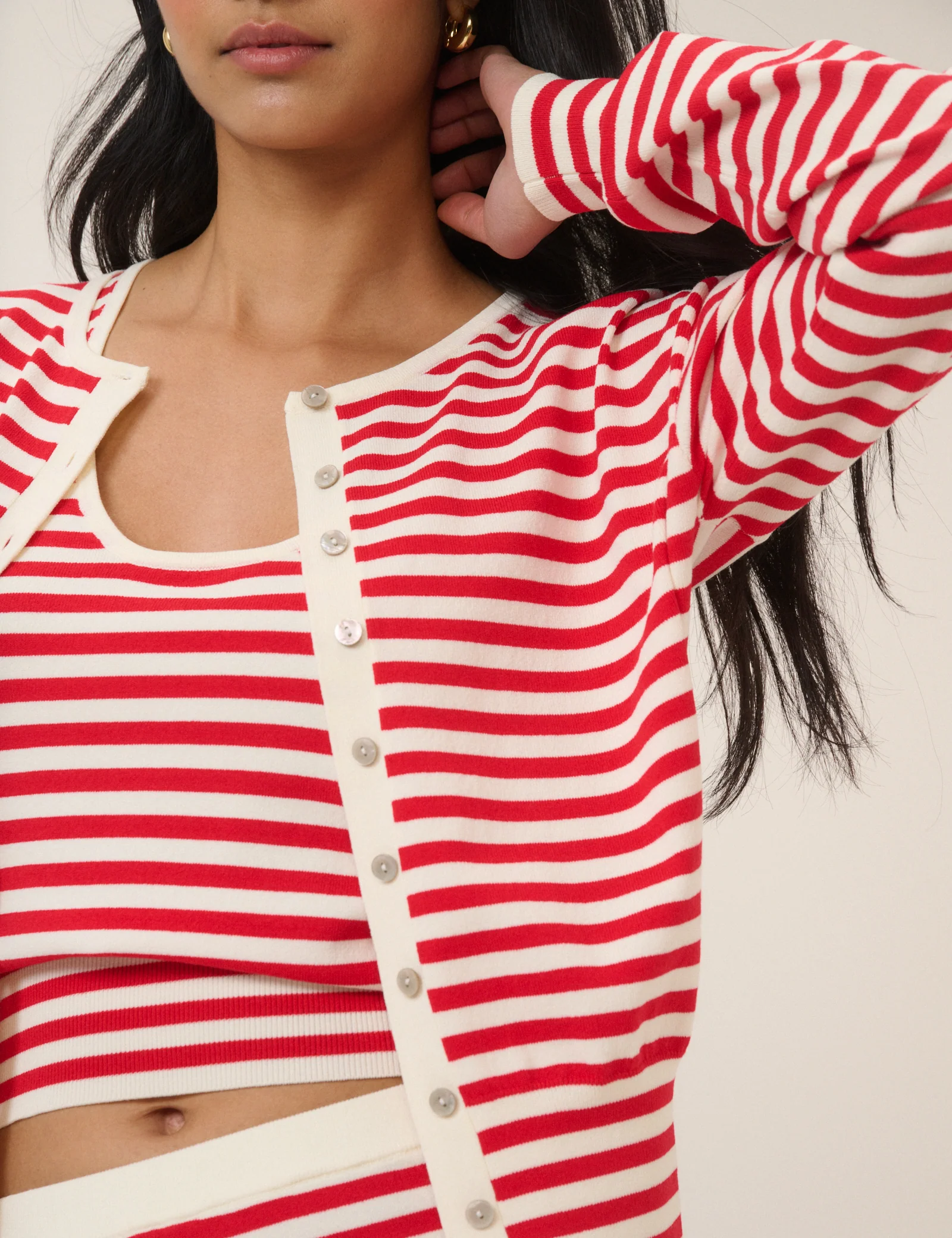 Red Striped Waisted Crew Neck Cardigan - Image 2